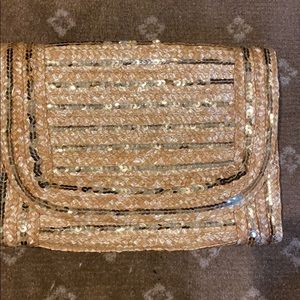Straw clutch with gold sequins